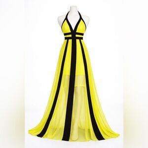 Bebe Yellow Black Trim Chiffon Halter Maxi Dress S, High Slit Evening Party Dres